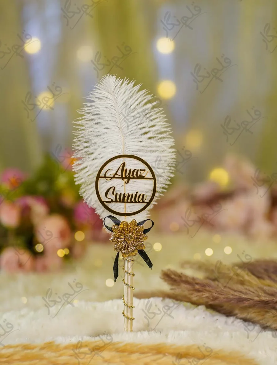 Front view of the complete Black Bow White Feather Nikkah Pen