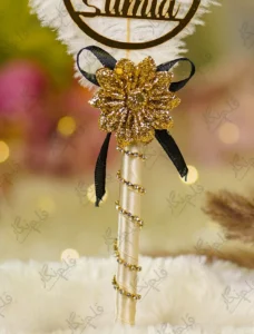 Customized version showing circular gold acrylic couple name circle on the feather