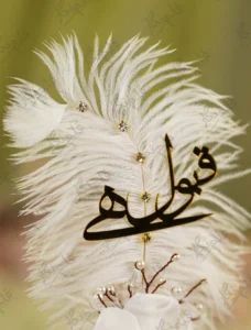 Close up of the golden mirror acrylic Qabool Hai script on the white feather