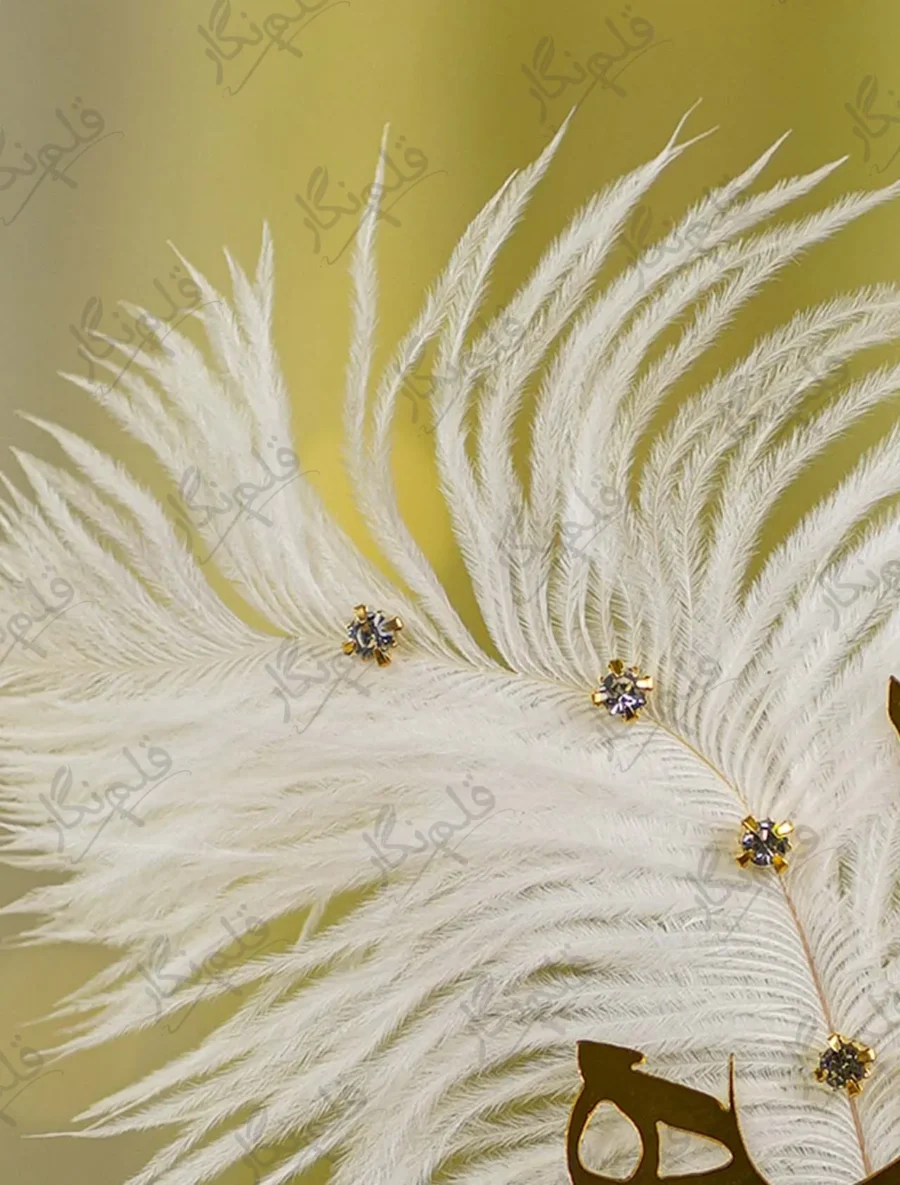 High angle shot of the scattered gold rhinestones on the white feather