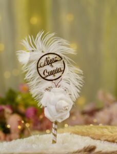 Handmade white feather Nikkah pen with a white satin rose and gold rhinestones