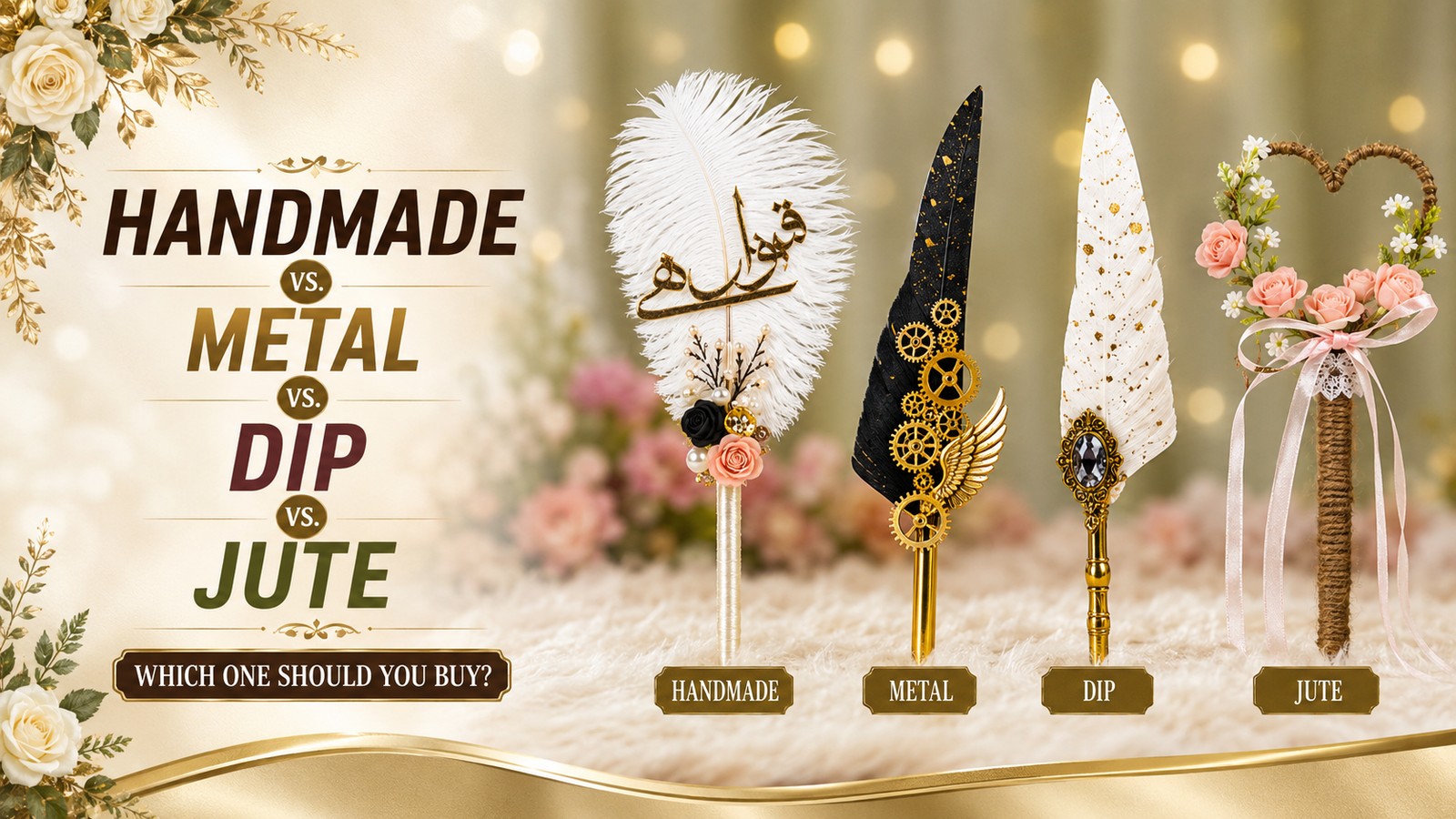 Handmade vs. Metal vs. Dip vs. Jute Nikkah Pens